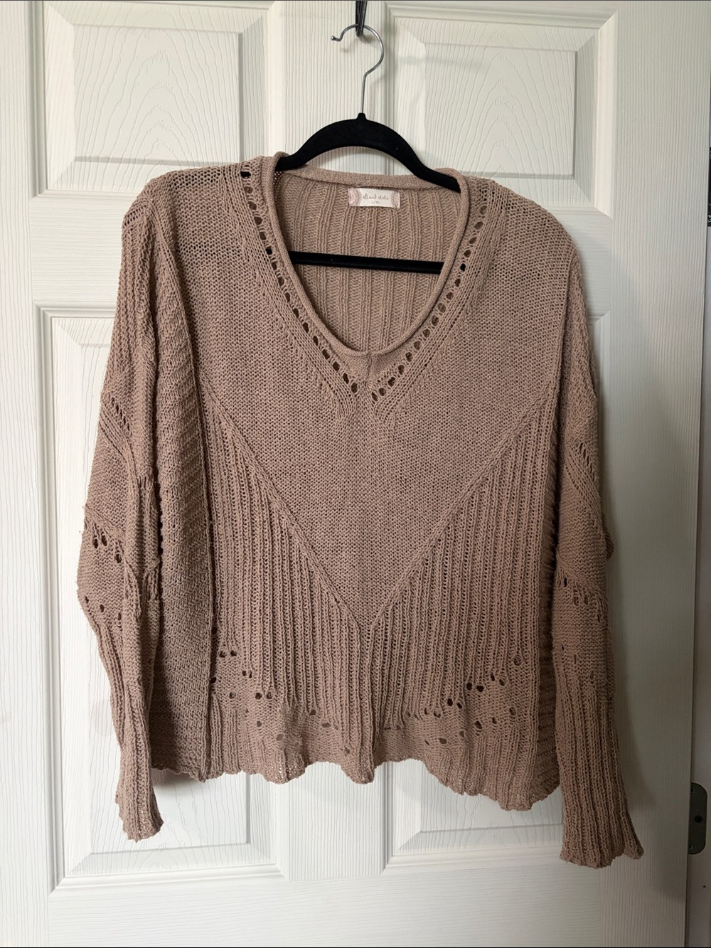 Altar'd State Taupe Openwork V-Neck Knit Sweater